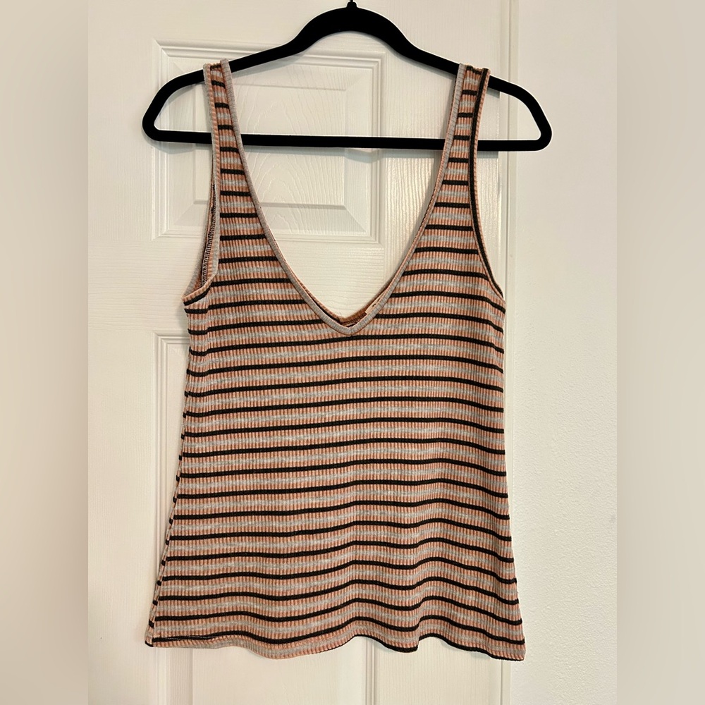 Project Social T Tan and Grey Striped Ribbed Tank Top